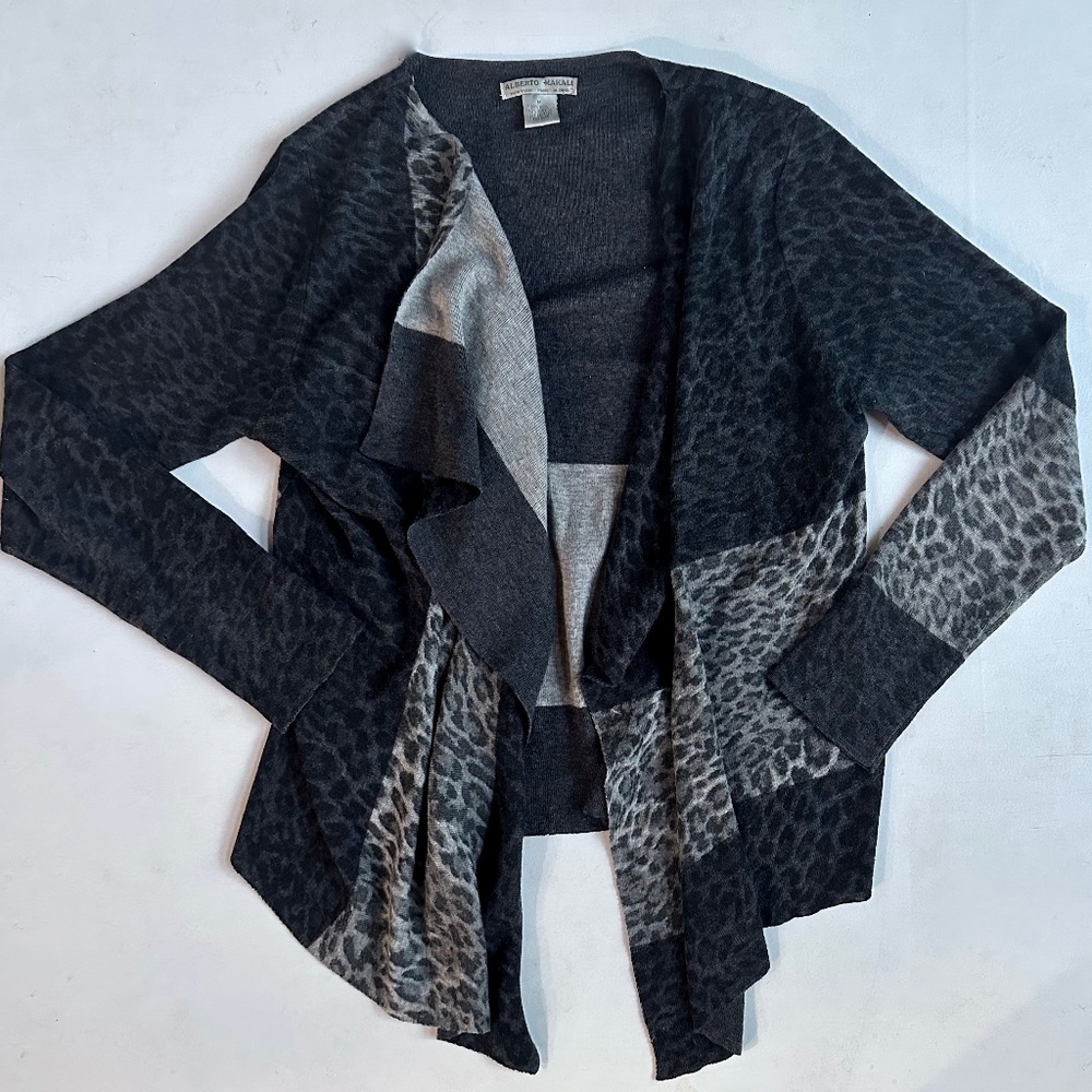 Alberto Makali Gray Leopard Print Wool Blend Draped Open Front Cardigan